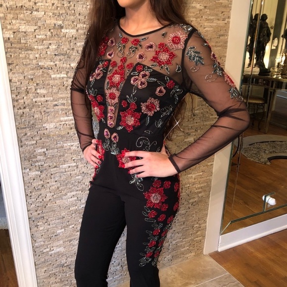 Nasty Gal black chiffon jumpsuit with beautiful beaded flowers